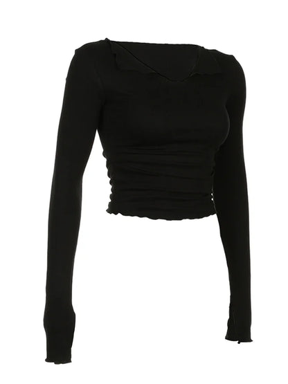 FashionSierra - Sexy Slim Fit Long Flare Sleeve Solid Color Deep V Neck Autumn Basic Streetwear Tee
