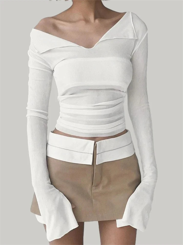 FashionSierra - Sexy Slim Fit Long Flare Sleeve Solid Color Deep V Neck Autumn Basic Streetwear Tee