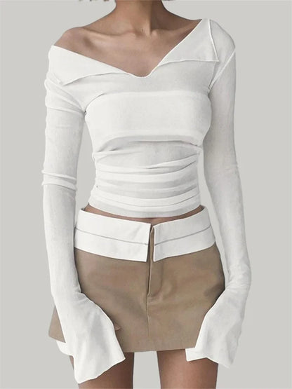 FashionSierra - Sexy Slim Fit Long Flare Sleeve Solid Color Deep V Neck Autumn Basic Streetwear Tee