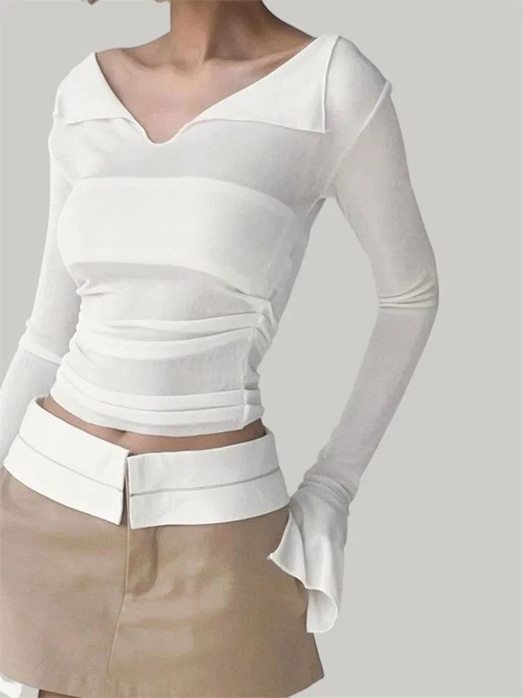 FashionSierra - Sexy Slim Fit Long Flare Sleeve Solid Color Deep V Neck Autumn Basic Streetwear Tee