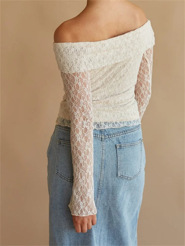 FashionSierra - Sexy Slim Fit See Through Long Sleeve Slash Neck Off Shoulder Slim Lace Streetwear Tee