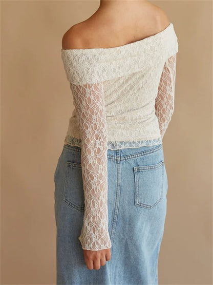 FashionSierra - Sexy Slim Fit See Through Long Sleeve Slash Neck Off Shoulder Slim Lace Streetwear Tee