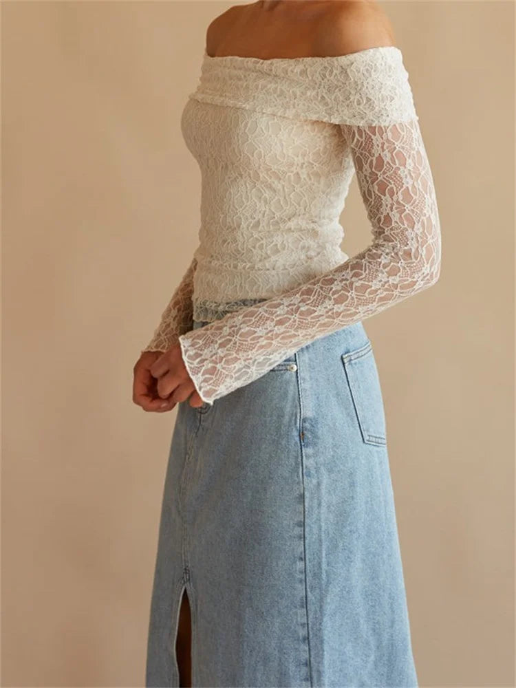 FashionSierra - Sexy Slim Fit See Through Long Sleeve Slash Neck Off Shoulder Slim Lace Streetwear Tee
