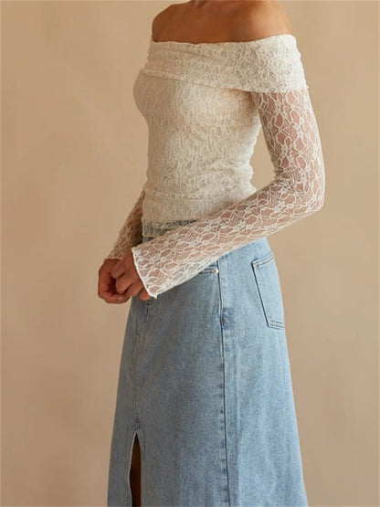 FashionSierra - Sexy Slim Fit See Through Long Sleeve Slash Neck Off Shoulder Slim Lace Streetwear Tee