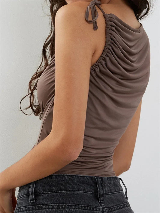 FashionSierra - 2025 Solid Color Tank Sleeveless Asymmetrical Neck Ruched Slim Fit Summer Cropped Mini Vest Clubwear  Crop Tops
