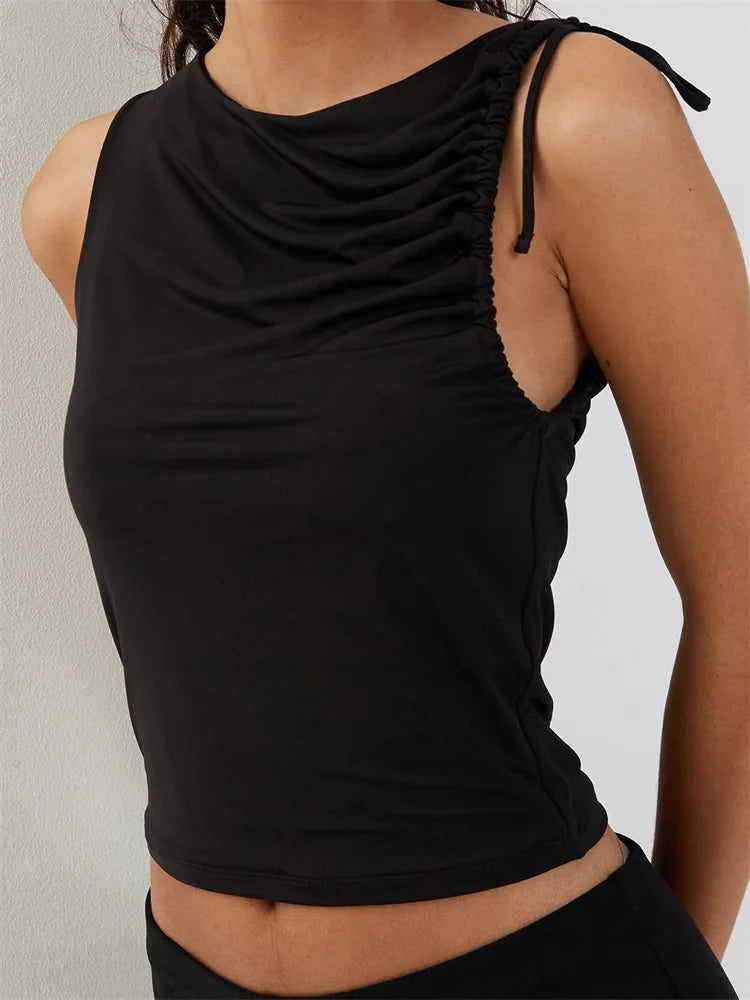 FashionSierra - 2025 Solid Color Tank Sleeveless Asymmetrical Neck Ruched Slim Fit Summer Cropped Mini Vest Clubwear  Crop Tops