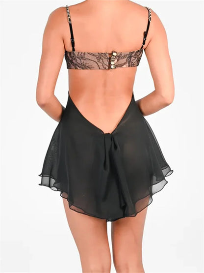 FashionSierra - Sexy V-neck Backless Cutout Lace Floral Mini Dress