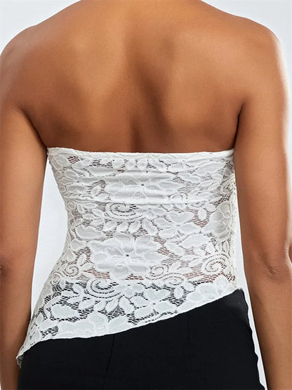 FashionSierra - 2025 Sexy Summer Fashion Tube Sleeveless Lace Floral Bustiers Irregular Hem Corsets Mini Vest  Crop Tops
