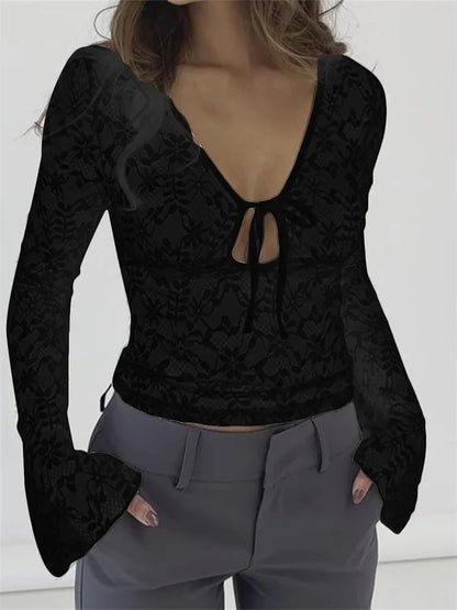 FashionSierra - Sexy Summer Lace Long Sleeve Tie-up Deep V-Neck Mesh See Through Slim Clubwear New Tee