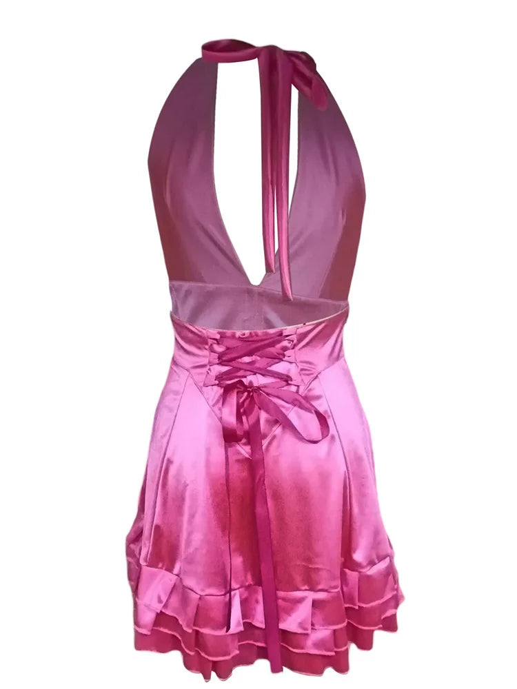 FashionSierra - Sexy Solid Halter Backless Tie-up Mini Dress