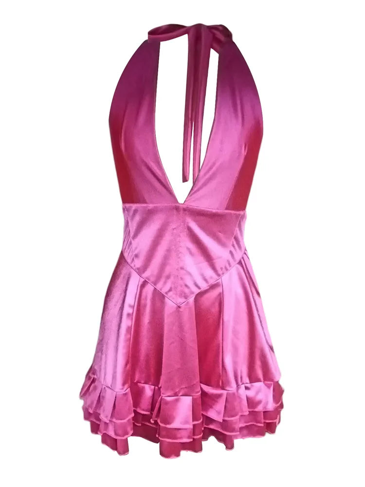 FashionSierra - Sexy Solid Halter Backless Tie-up Mini Dress