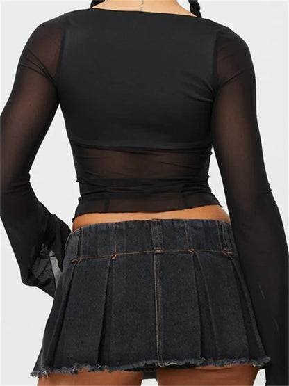 FashionSierra - Sexy Long Flare Sleeve Square Neck See-through Mesh Patchwork Slim Fit Black Streetwear Tee