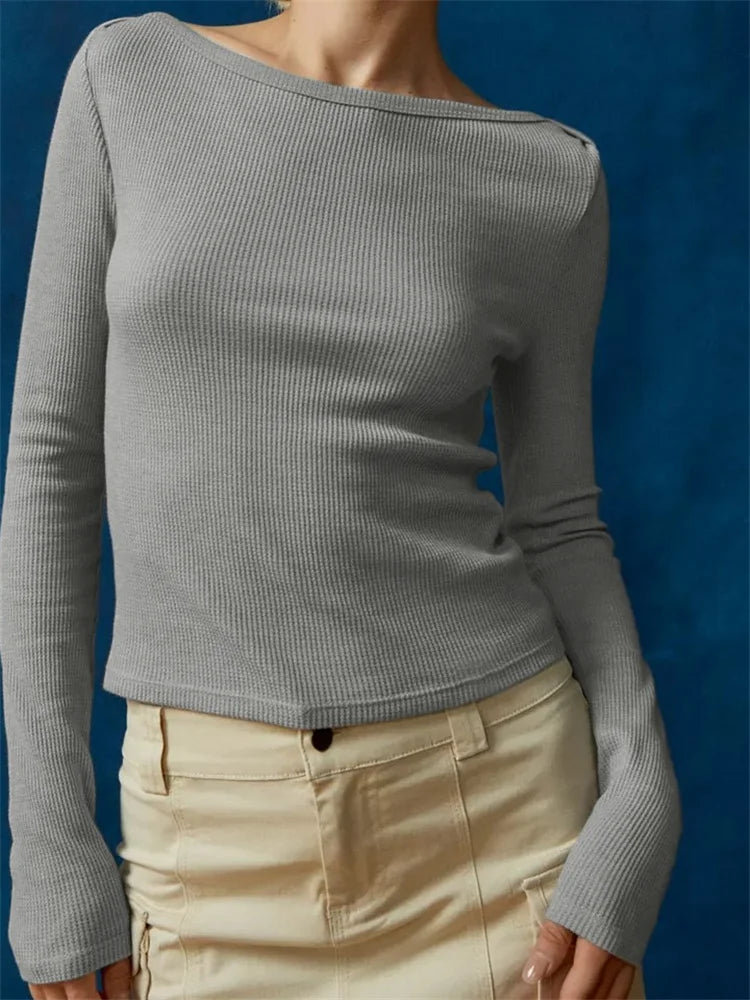 FashionSierra - Sexy Long Sleeve Crew Neck Solid/Striped Slim Fit Spring Autumn Basic Streetwear Tee