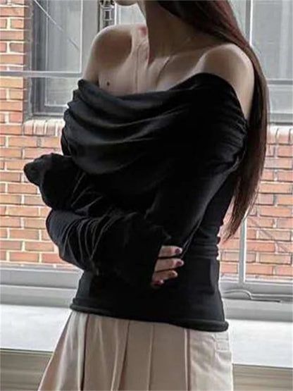 FashionSierra - Sexy Long Sleeve Off-shoulder Ruched Solid Slim Fit Shirt Slash Neck Pullovers Clubwear Tee