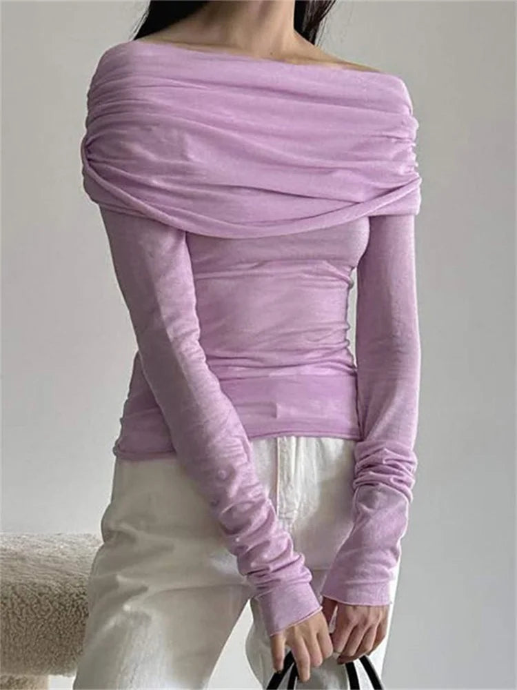 FashionSierra - Sexy Long Sleeve Off-shoulder Ruched Solid Slim Fit Shirt Slash Neck Pullovers Clubwear Tee