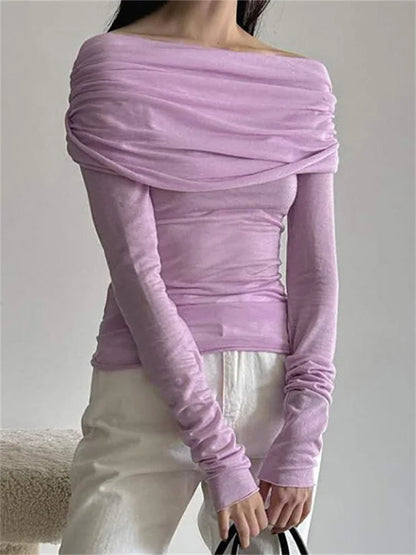 FashionSierra - Sexy Long Sleeve Off-shoulder Ruched Solid Slim Fit Shirt Slash Neck Pullovers Clubwear Tee
