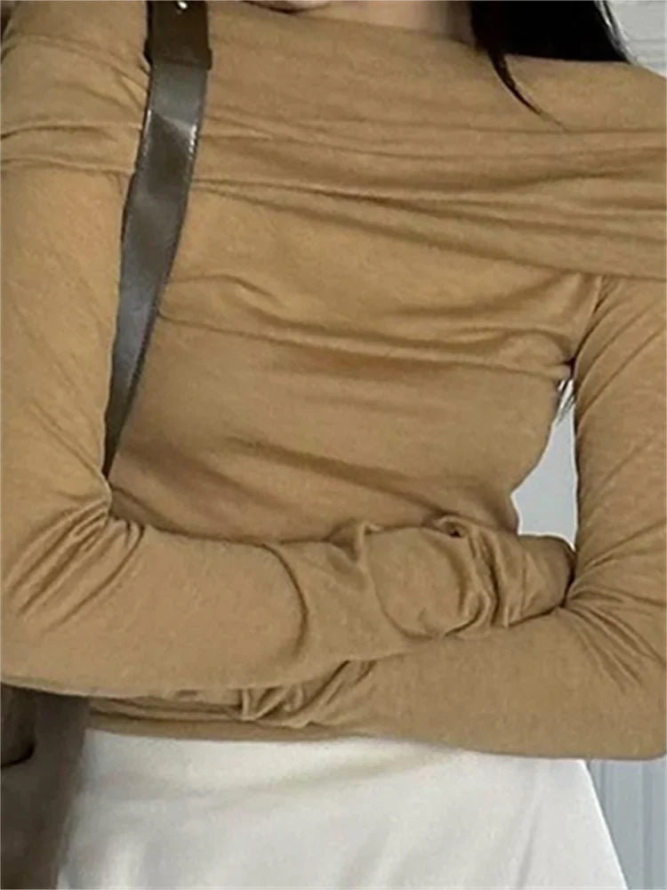 FashionSierra - Sexy Long Sleeve Off-shoulder Ruched Solid Slim Fit Shirt Slash Neck Pullovers Clubwear Tee