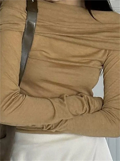 FashionSierra - Sexy Long Sleeve Off-shoulder Ruched Solid Slim Fit Shirt Slash Neck Pullovers Clubwear Tee
