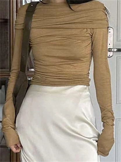 FashionSierra - Sexy Long Sleeve Off-shoulder Ruched Solid Slim Fit Shirt Slash Neck Pullovers Clubwear Tee