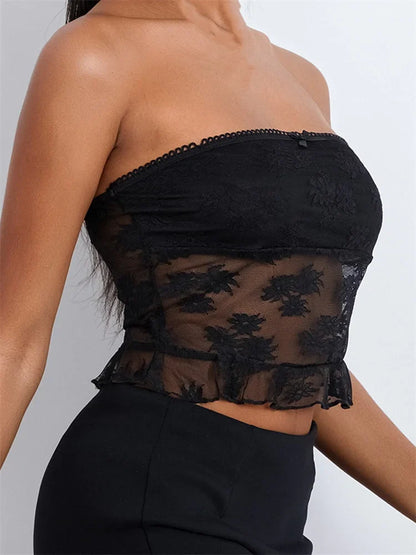 FashionSierra - 2025 Tube Lace Mesh See-Through Strapless Off Shoulder Tank Backless Floral Summer Party Mini Vest Crop Tops