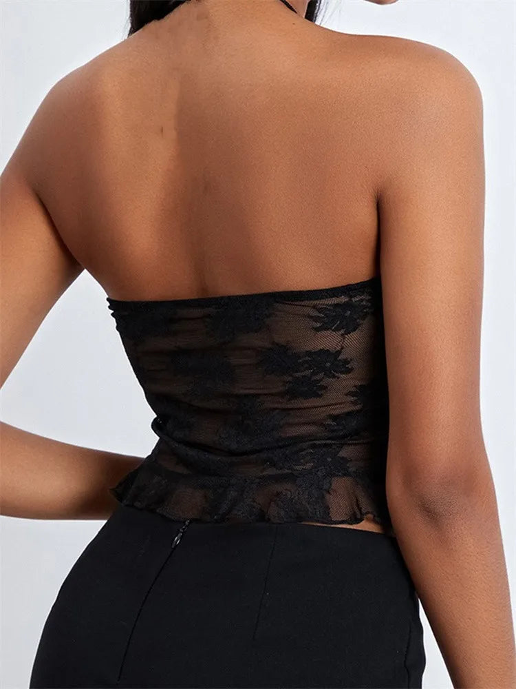 FashionSierra - 2025 Tube Lace Mesh See-Through Strapless Off Shoulder Tank Backless Floral Summer Party Mini Vest Crop Tops