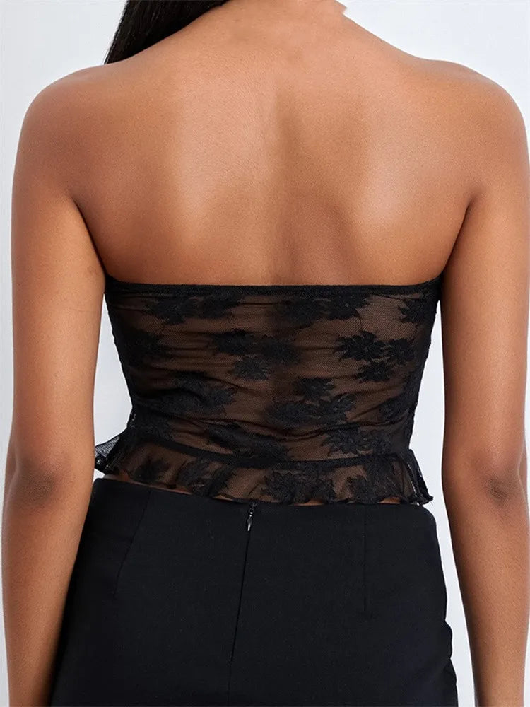 FashionSierra - 2025 Tube Lace Mesh See-Through Strapless Off Shoulder Tank Backless Floral Summer Party Mini Vest Crop Tops