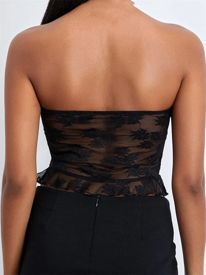 FashionSierra - 2025 Tube Lace Mesh See-Through Strapless Off Shoulder Tank Backless Floral Summer Party Mini Vest Crop Tops