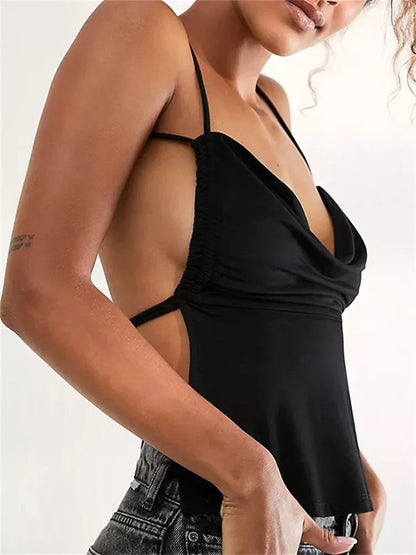 Summer Party Clubwear Sleeveless Halter Backless Low Cut Ruched Exposed Navel Tank Cami Top