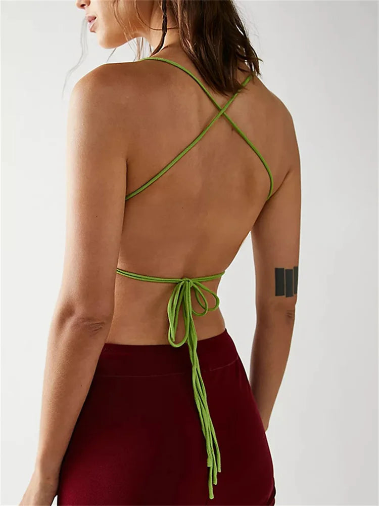 Summer Party Clubwear Sleeveless Halter Backless Low Cut Ruched Exposed Navel Tank Cami Top