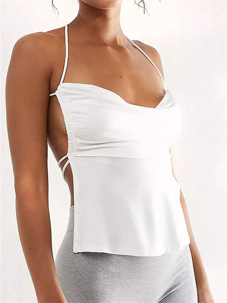 Summer Party Clubwear Sleeveless Halter Backless Low Cut Ruched Exposed Navel Tank Cami Top