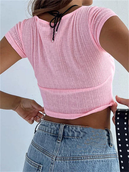 FashionSierra - 2025 Y2K Short Sleeve Basic Summer White Solid V-neck Slim Fit Party Streetwear Tee