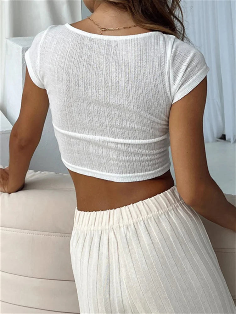 FashionSierra - 2025 Y2K Short Sleeve Basic Summer White Solid V-neck Slim Fit Party Streetwear Tee