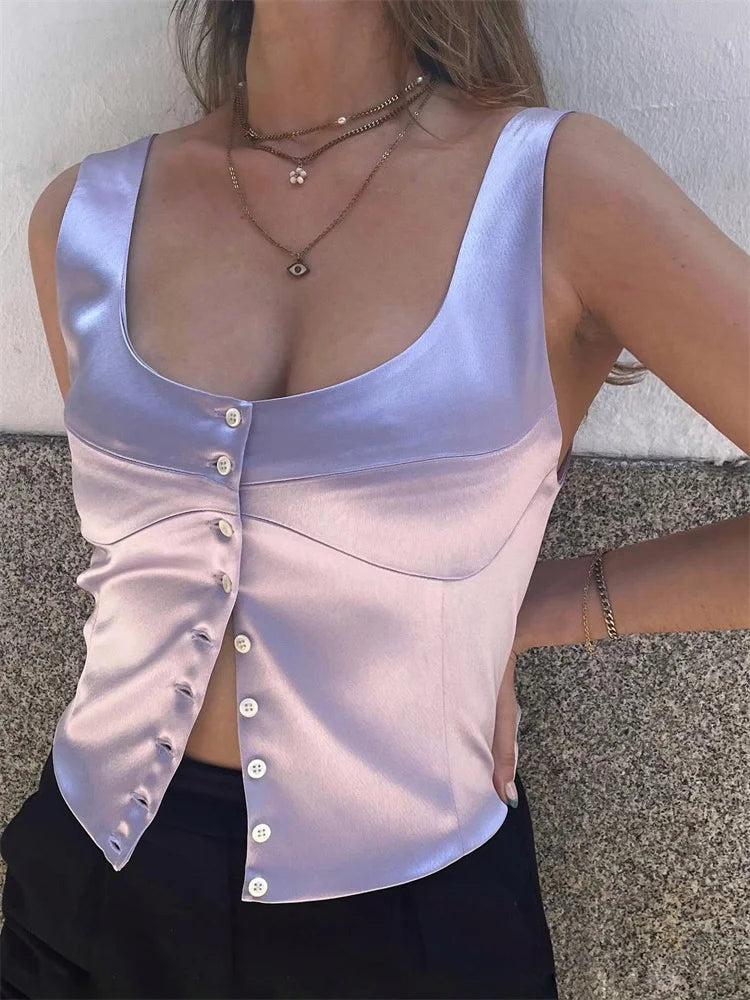 Single Breasted Sleeveless Elegant Solid V-neck Push Up Casual Streetwear Cami Top