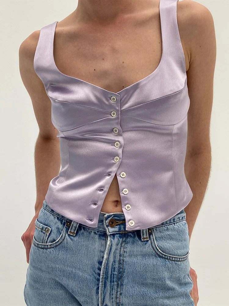 Single Breasted Sleeveless Elegant Solid V-neck Push Up Casual Streetwear Cami Top