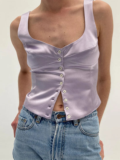 Single Breasted Sleeveless Elegant Solid V-neck Push Up Casual Streetwear Cami Top