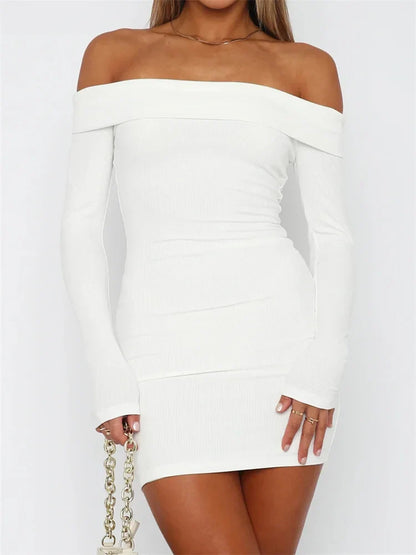 FashionSierra -Slash Neck Off Shoulder Pencil Mini Dress