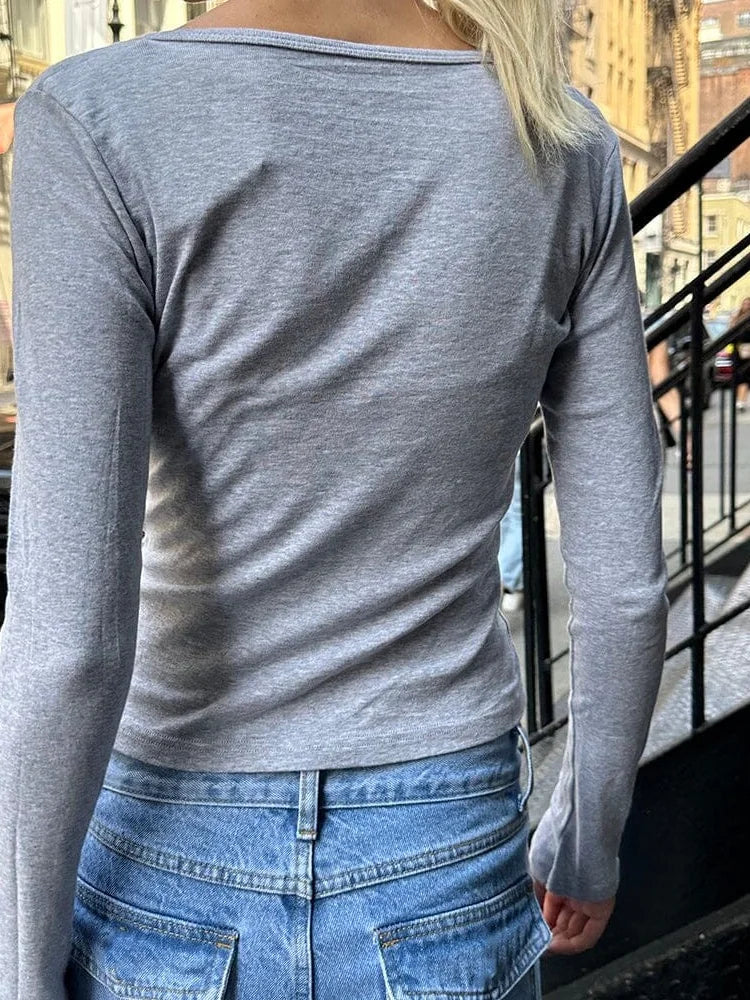 FashionSierra - 2025 Slim Fit Casual Basic for Women Long Sleeve V-neck Buttons Up Solid Color Pullovers Female Streetwear Tee