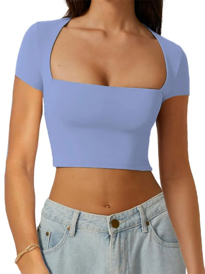 FashionSierra - Short Sleeve Exposed Navel Square Neck Low Cut Solid Color Casual Slim Fit Tee
