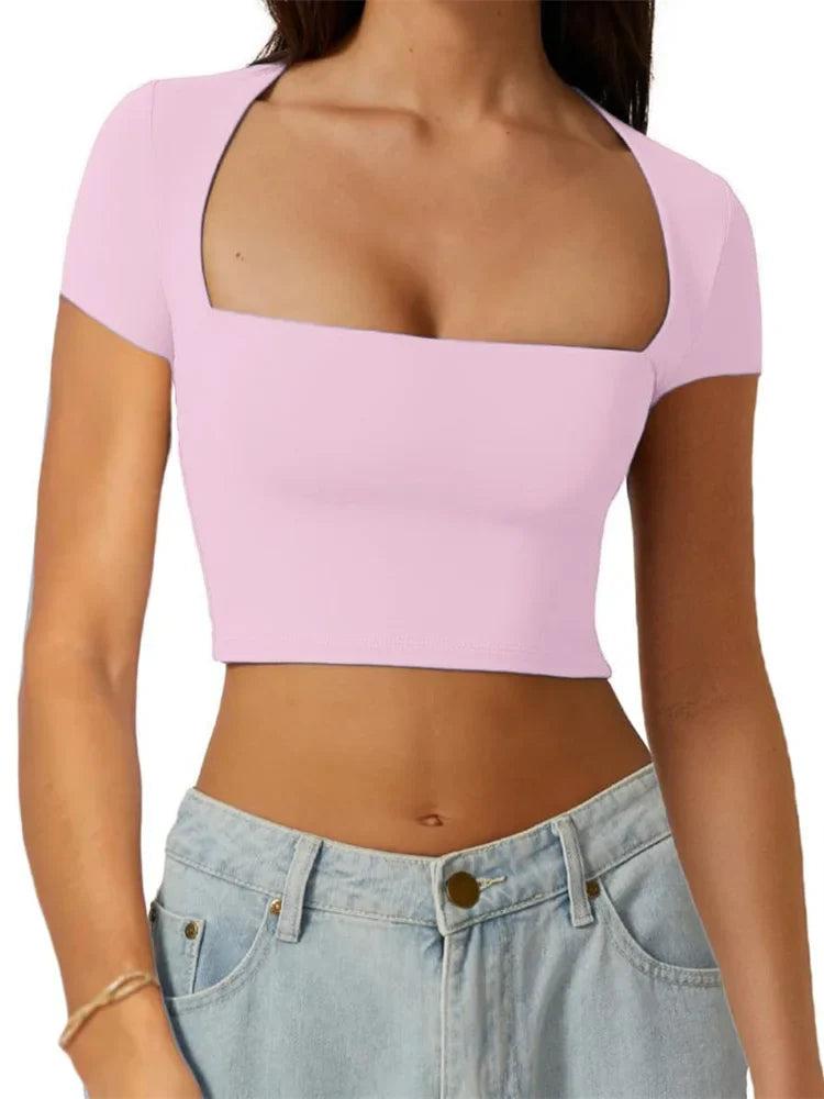 FashionSierra - Short Sleeve Exposed Navel Square Neck Low Cut Solid Color Casual Slim Fit Tee