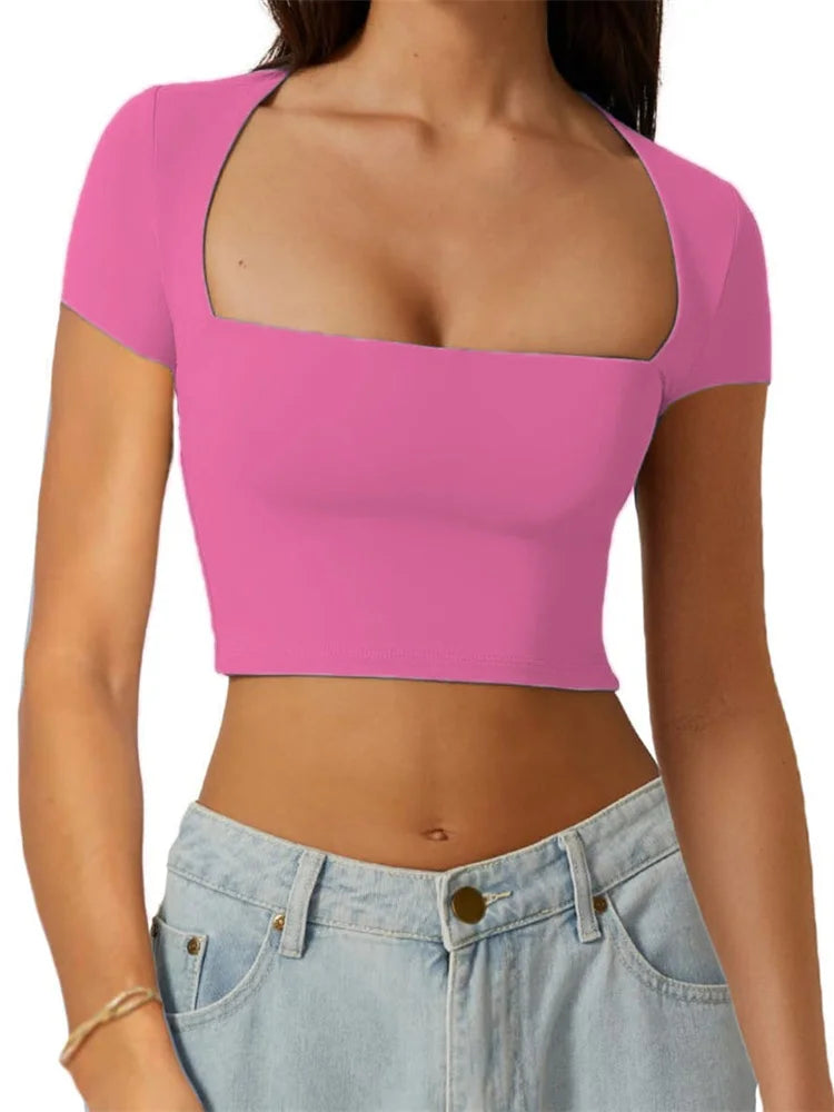 FashionSierra - Short Sleeve Exposed Navel Square Neck Low Cut Solid Color Casual Slim Fit Tee