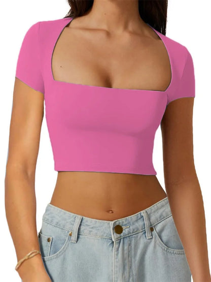 FashionSierra - Short Sleeve Exposed Navel Square Neck Low Cut Solid Color Casual Slim Fit Tee