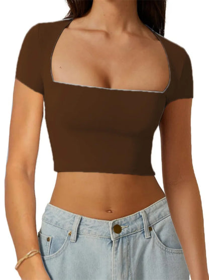 FashionSierra - Short Sleeve Exposed Navel Square Neck Low Cut Solid Color Casual Slim Fit Tee