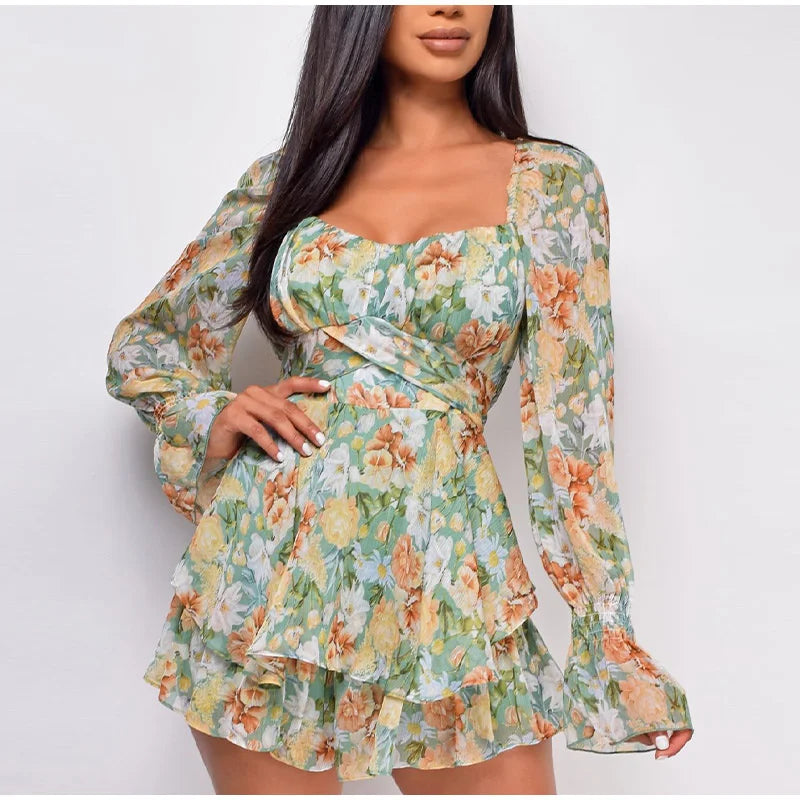 FashionSierra - 2025 Square Collar Lace Up Floral Mini Dress