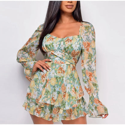 FashionSierra - 2025 Square Collar Lace Up Floral Mini Dress
