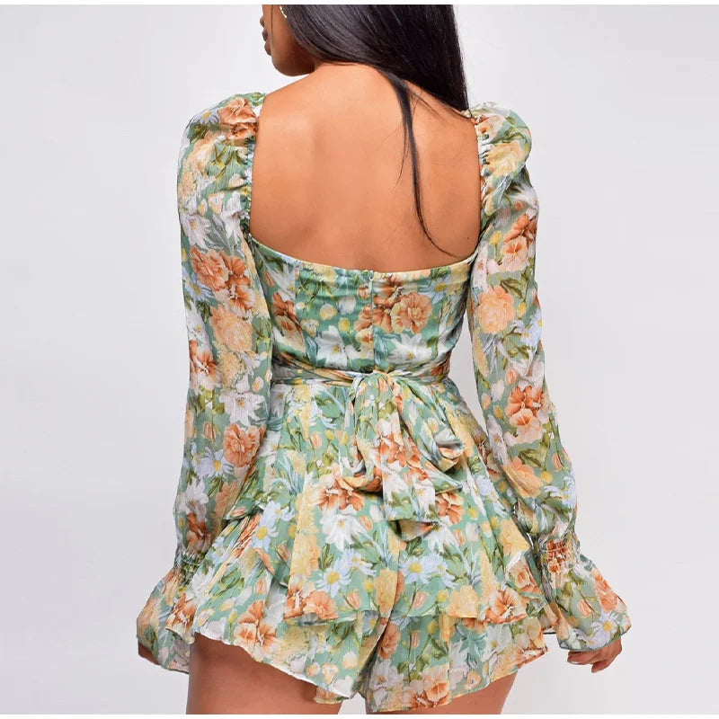 FashionSierra - 2025 Square Collar Lace Up Floral Mini Dress
