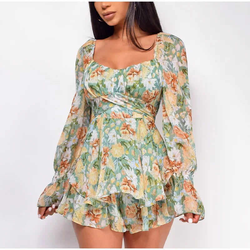 FashionSierra - 2025 Square Collar Lace Up Floral Mini Dress