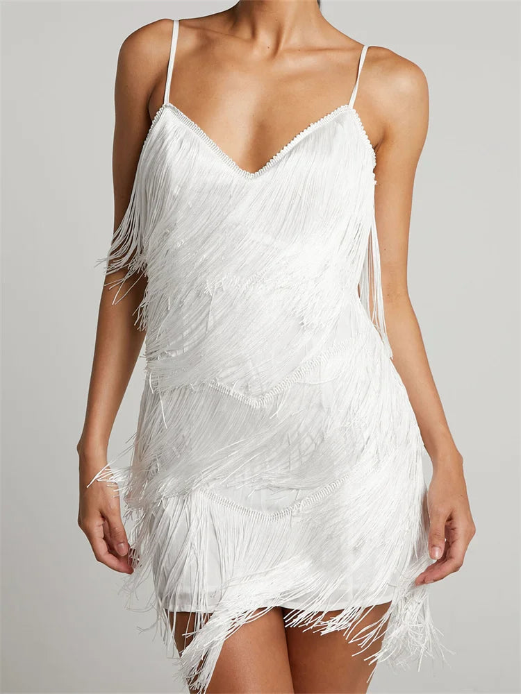FashionSierra - 2025 Tassels Sleeveless Spaghetti Strap Mini Dress