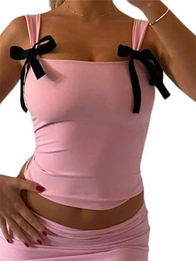 FashionSierra - 2025 Bow Tie-up Tank for Women Fairy Grunge Y2K 2000s Aesthetic Slim Fit Mini Vest Chic Streetwear Crop Tops
