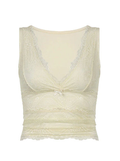 FashionSierra - 2025 Lace Floral Summer Party Clubwear Sleeveless V-neck Slim Fit Solid Cropped  Crop Tops