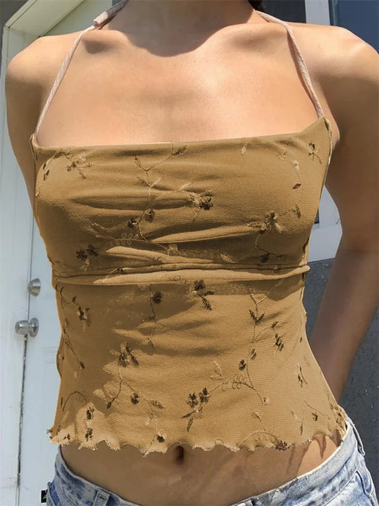 FashionSierra - 2025 Sleeveless Halter Lace-up Camis for Women Square Neck Floral Backless Tank Irregular Hem Mini Vest  Crop Tops
